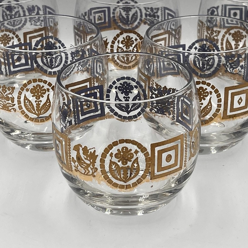 MCM Culver Coronet Roly Poly GOLD-BLUE Set Of 6 Large Glasses 3 1/4" Old Money